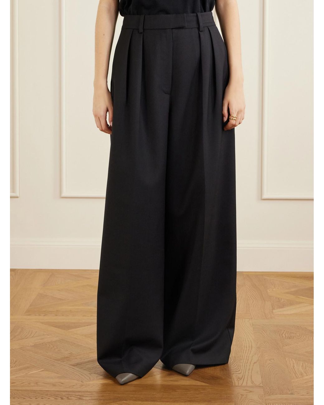 Anine Bing Black Lou Pleated Woven Wide-Leg Pants