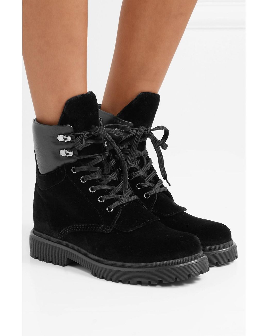 Moncler Black Patty Leather-Trimmed Velvet Ankle Boots