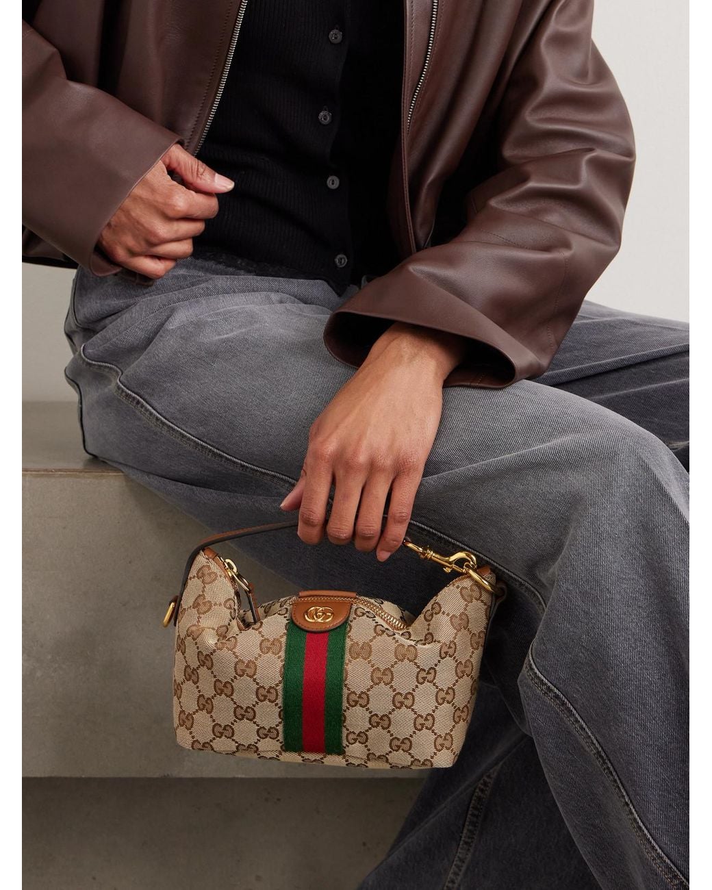 Gucci Brown Ophidia Mini Leather-Trimmed Coated Canvas-Jacquard Tote