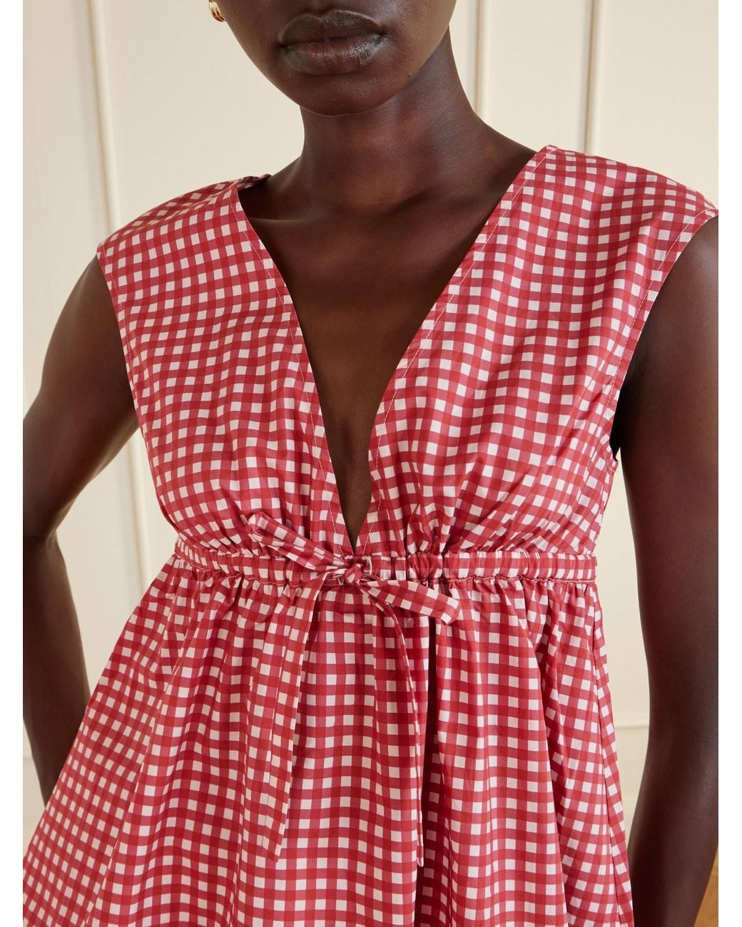 Posse Red Lindie Bow-Detailed Checked Cotton-Poplin Top