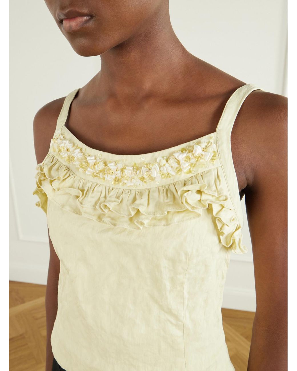 ShuShu/Tong Natural Cami Embellished Ruffled Cotton-Blend Cami