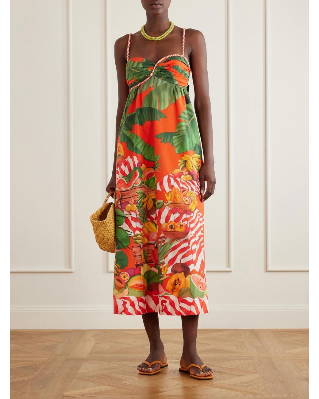 Farm Rio White Fruit Trolley Printed Cotton Midi Dress