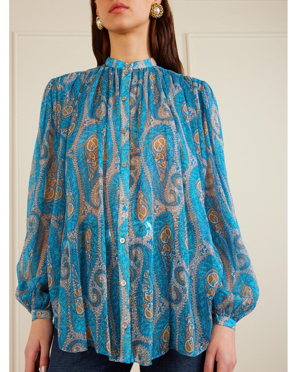 Etro Blue Pleated Paisley-Print Silk-Crepon Blouse
