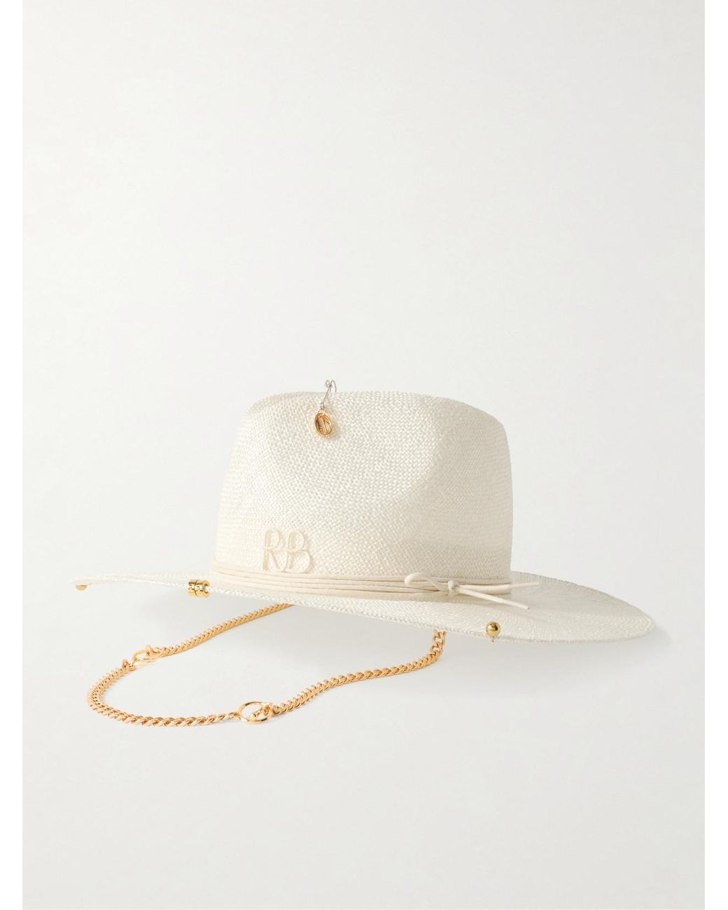 Ruslan Baginskiy Natural Embroidered Embellished Cotton-Trimmed Straw Fedora