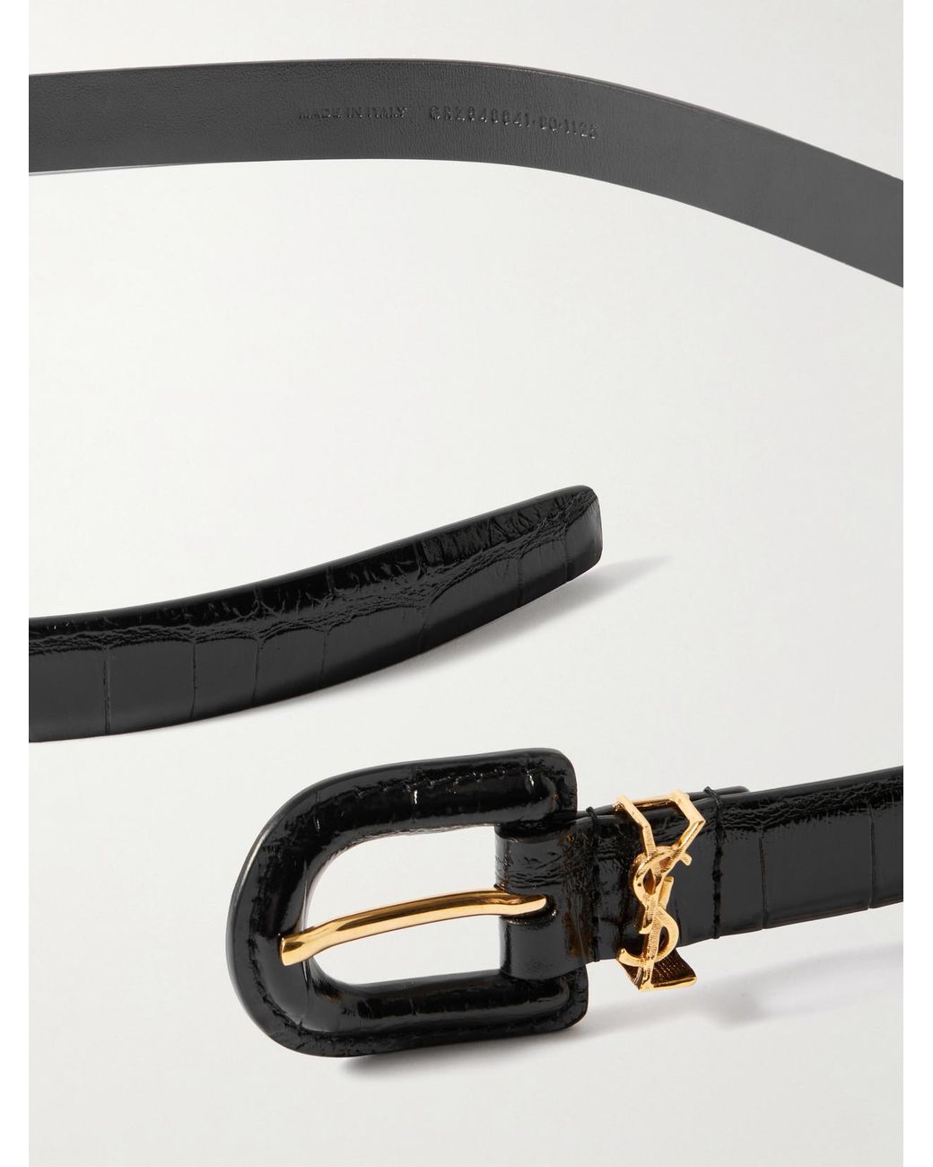Saint Laurent Black Cassandre Embellished Croc-Effect Leather Belt