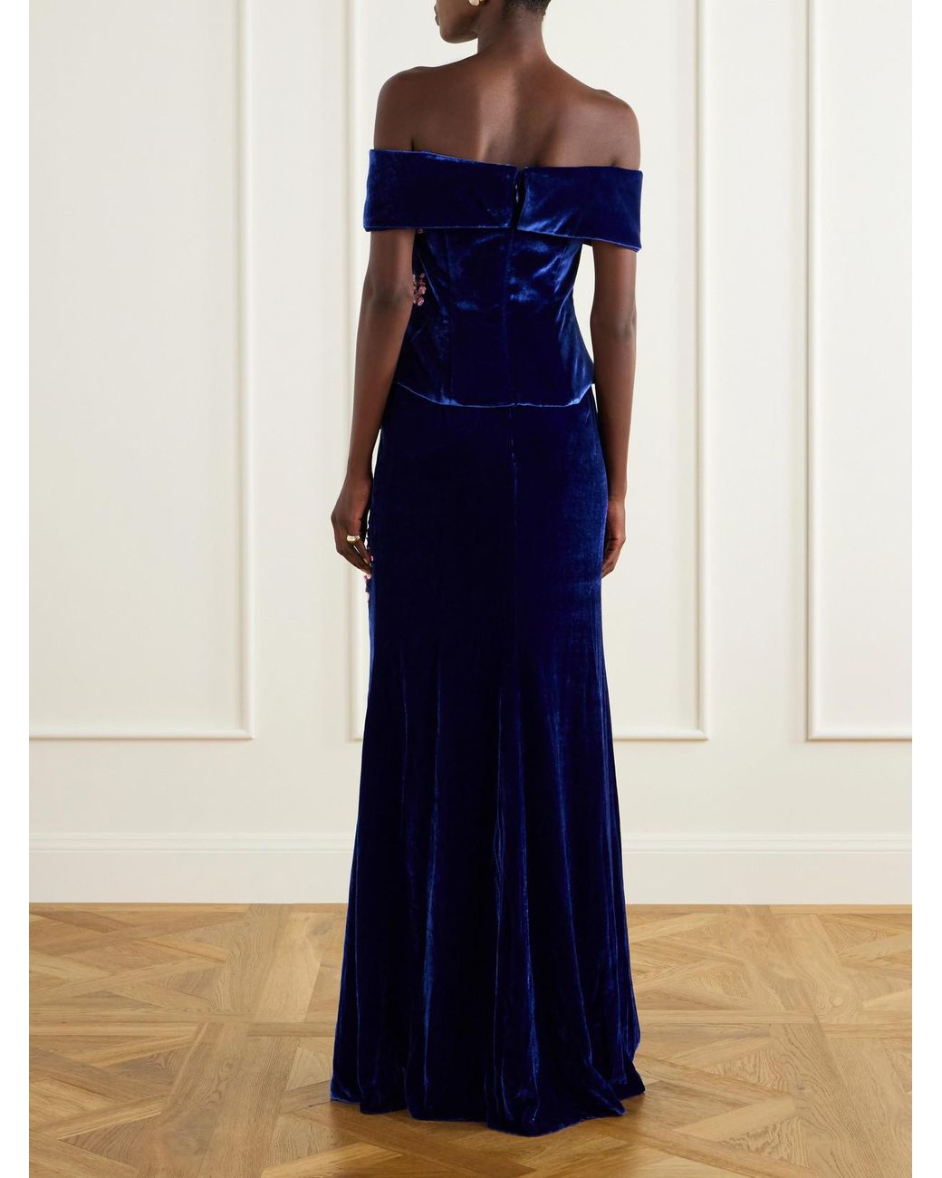 Costarellos Blue Rielle Flower-Appliqué Off-Shoulder Velvet Gown