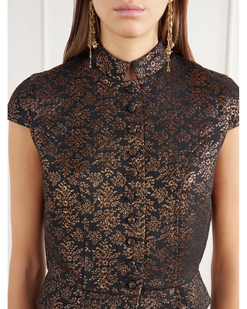 D'Estree Black Amoako Peplum Floral-Jacquard Brocade Blouse