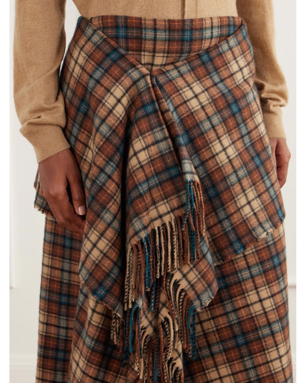 Auralee Multicolor Asymmetric Fringed Checked Cashmere Wrap Midi Skirt