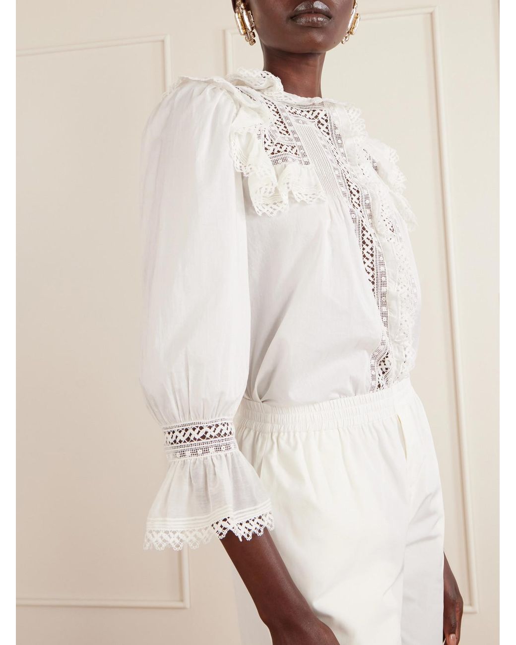 Saint Laurent White Crochet-Trimmed Cotton-Voile Blouse