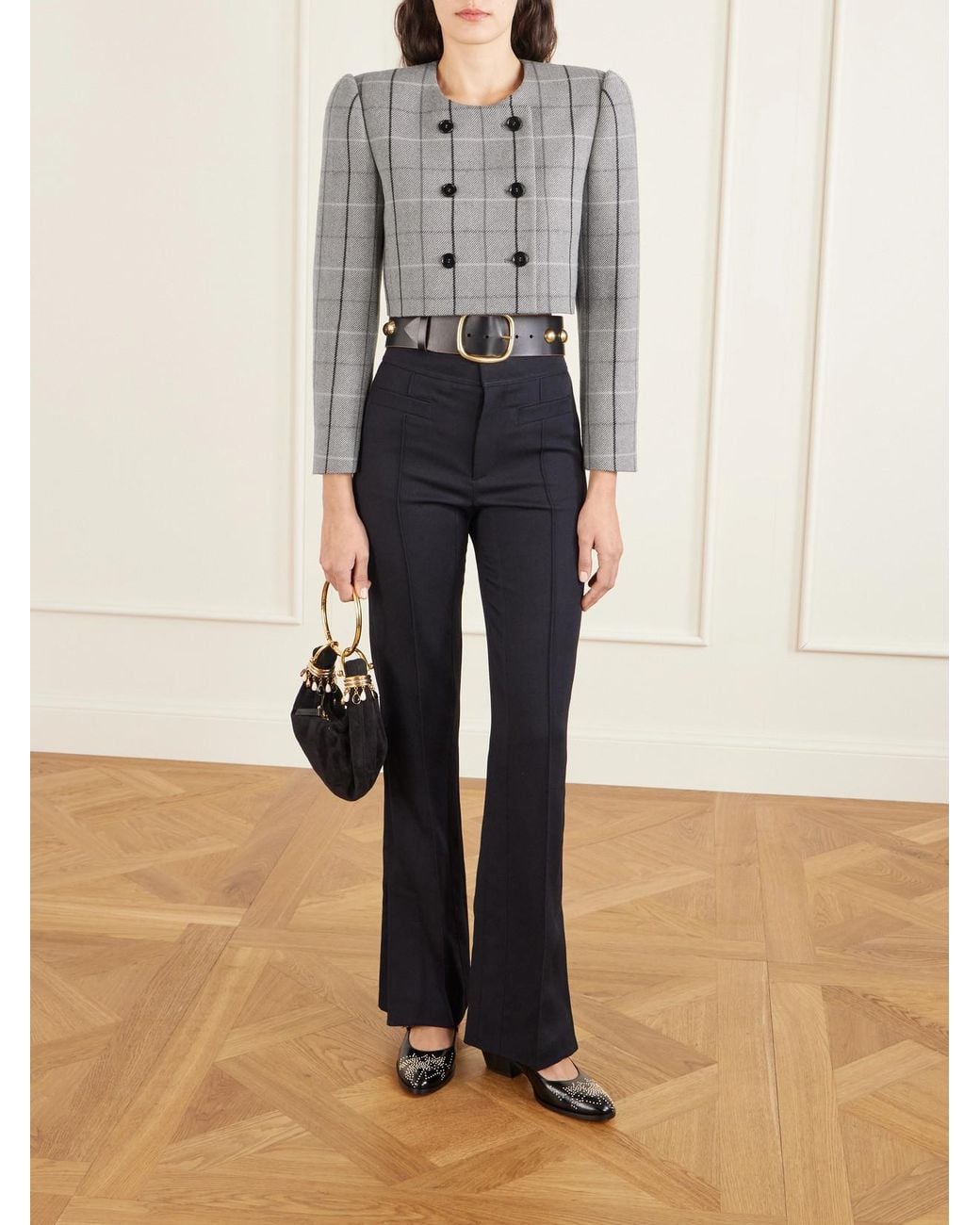 Chloé Gray Cropped Double-Breasted Checked Wool Jacket