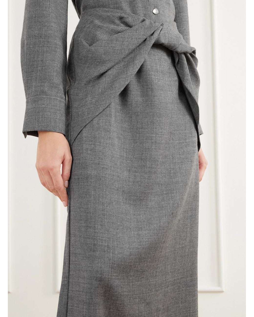 TOVE Gray Hope Knot-Detail Wool-Fresco Midi Skirt