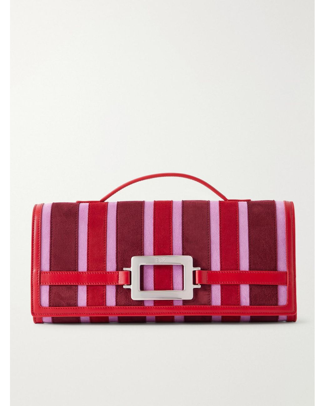 Roger Vivier Red Belle Vivier Buckled Leather-Trimmed Striped Suede Clutch