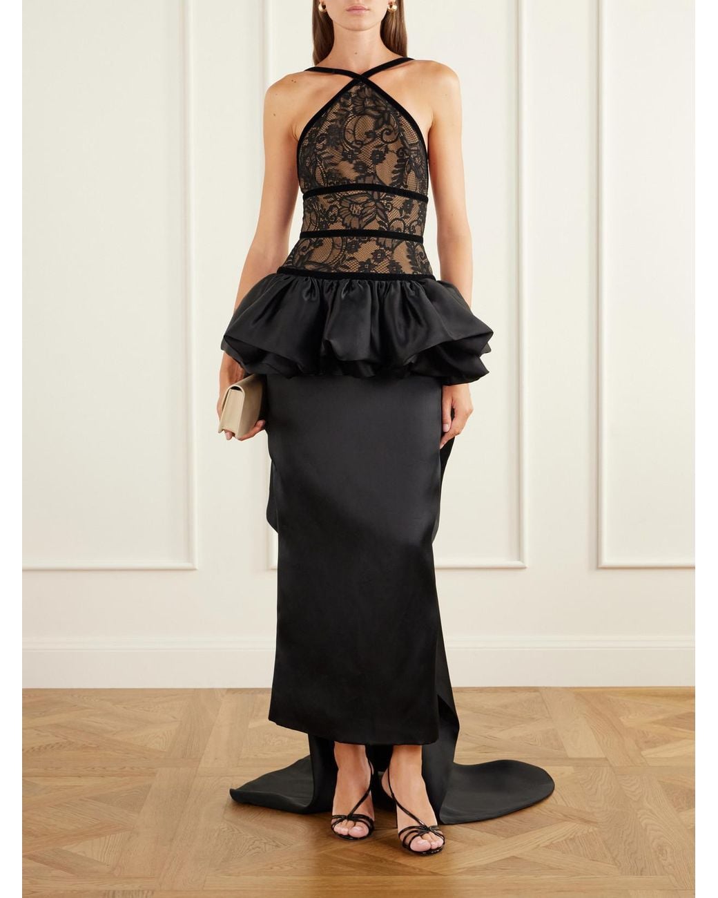 Elie Saab Black Peplum Trail-Hem Lace-Trimmed Silk-Blend Gown