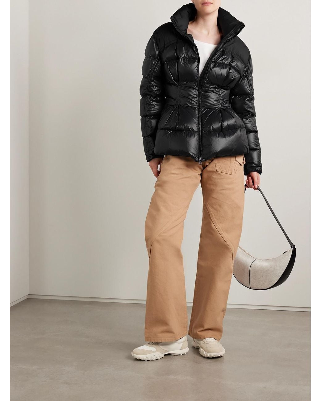 Moncler Black Appliquéd Quilted Padded Glossed-Shell Down Jacket
