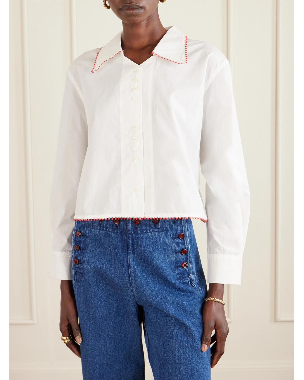 Bode White Redbud Cropped Embroidered Cotton-Poplin Shirt