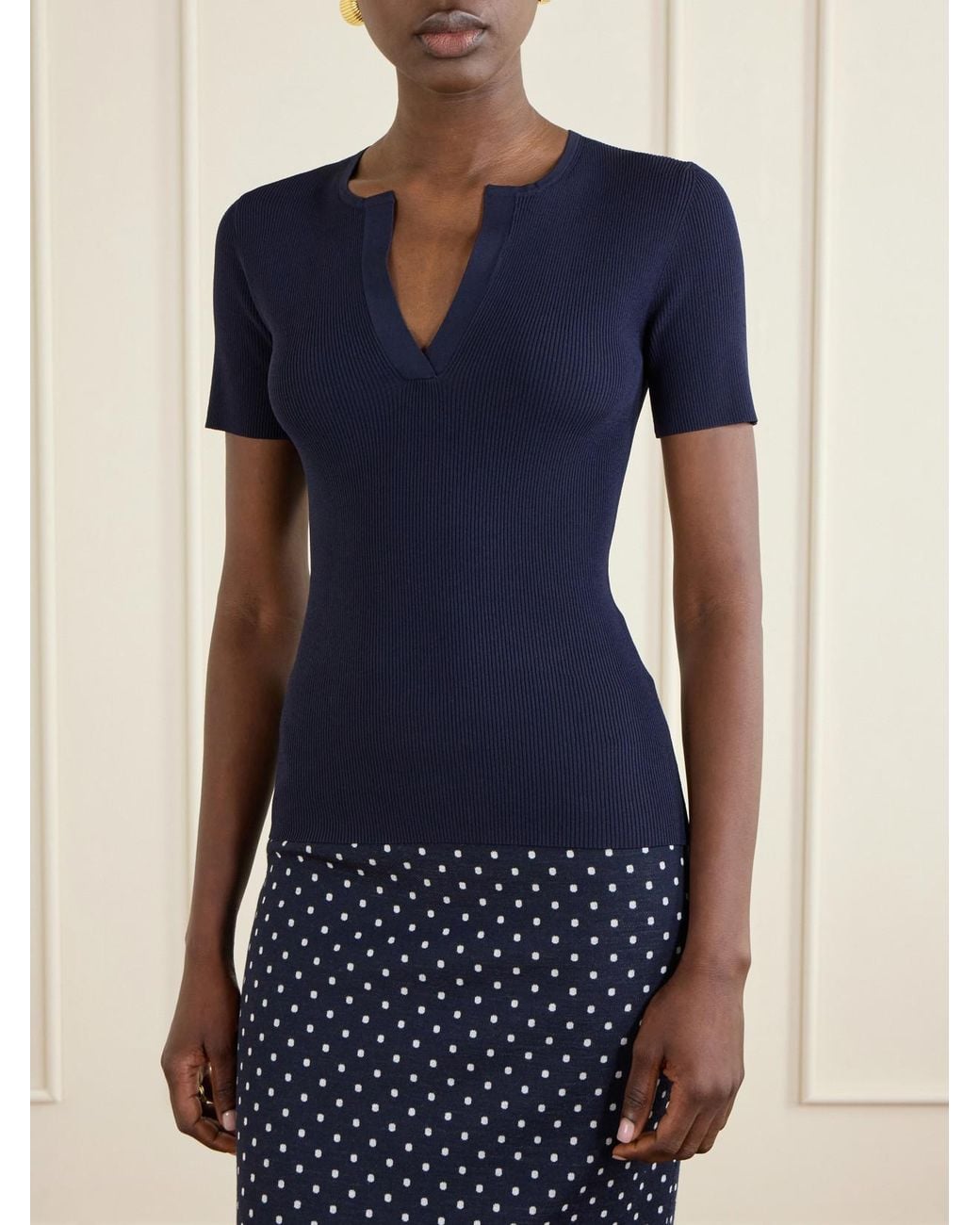 Max Mara Blue Palmeti Tie-Detailed Ribbed Jersey T-Shirt