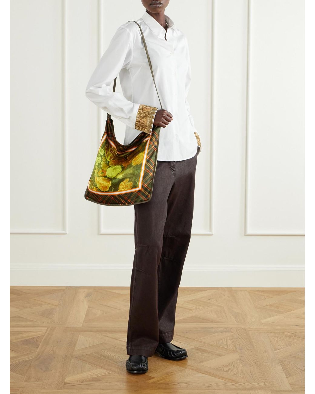 Dries Van Noten Brown Printed Large Leather-Trimmed Satin Shoulder Bag