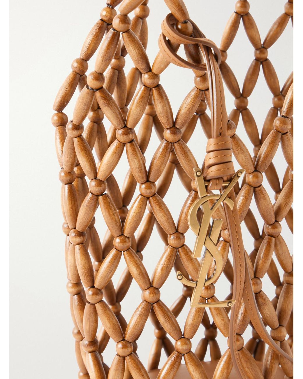 Saint Laurent White Cassandre Mini Beaded Wood Bucket Bag