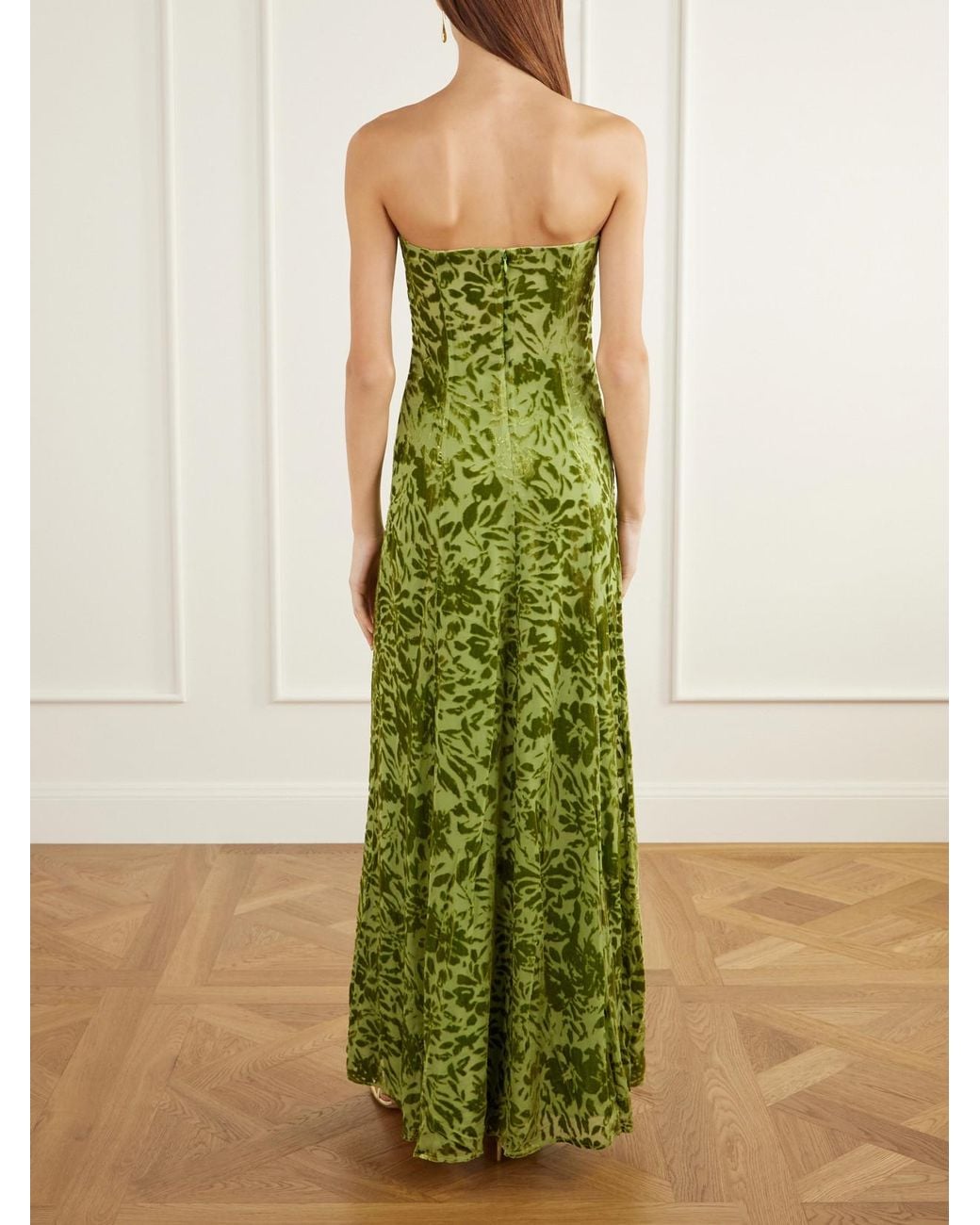 Cult Gaia Green Renay Strapless Embellished Gathered Devoré Bustier Maxi Dress