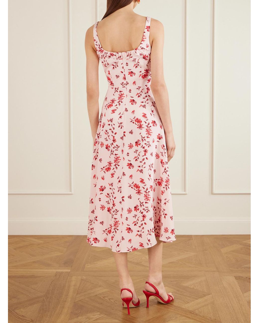 Emilia Wickstead Pink Verena Ruched Floral-Print Silk Midi Dress