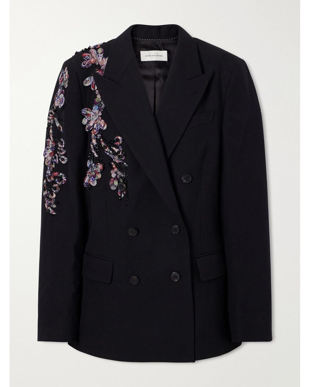 Dries Van Noten Black Embellished Double-Breasted Wool-Twill Blazer