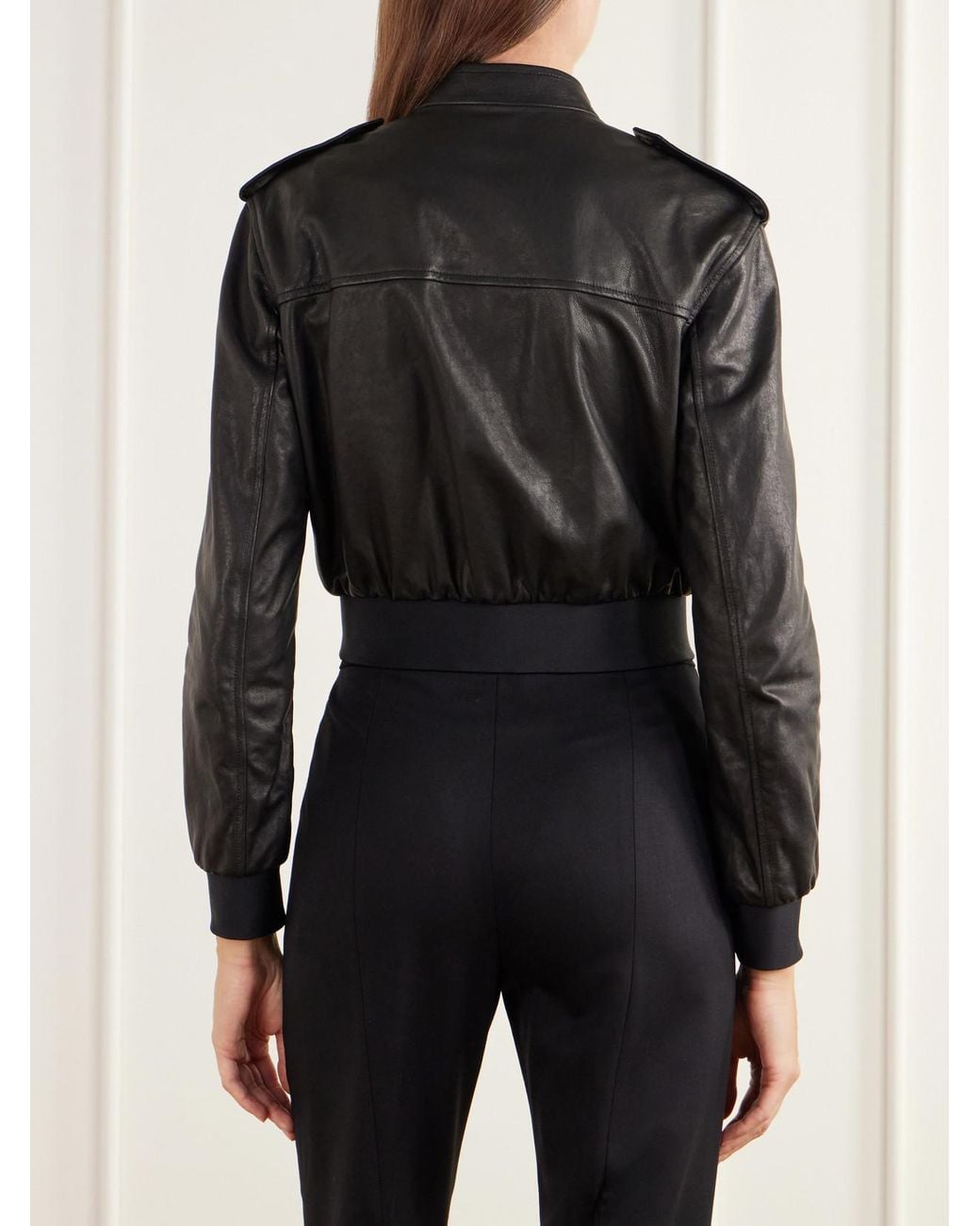 Gucci Black Cropped Paneled Rib-Trimmed Leather Jacket