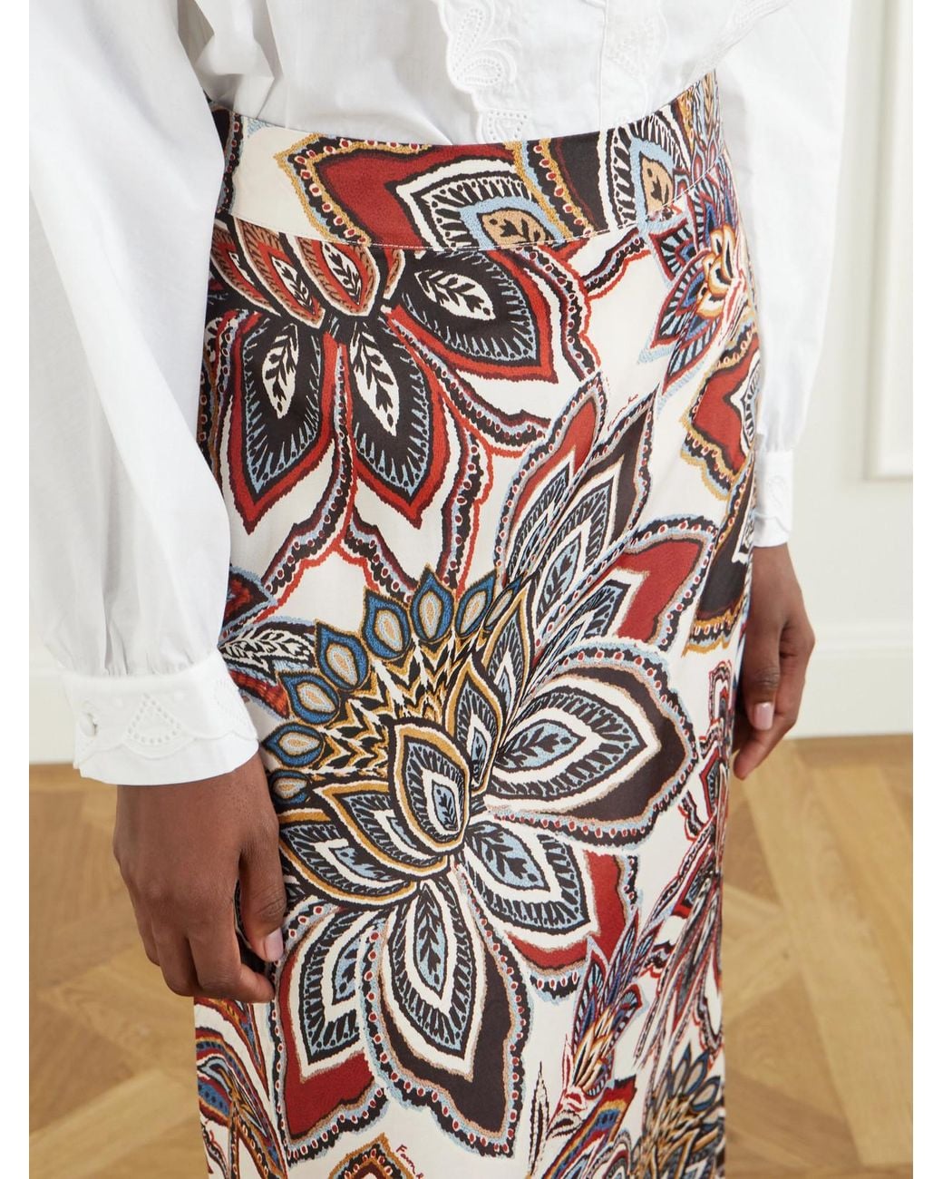Farm Rio White Floral-Print Satin Maxi Skirt