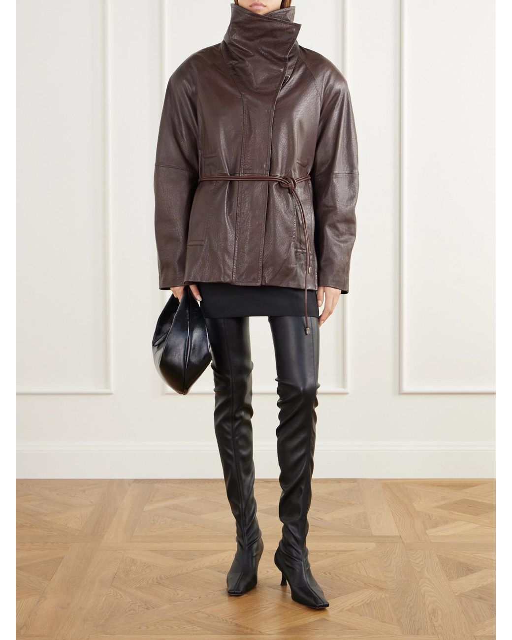 Sportmax Brown Salaggio Funnel-Neck Paneled Hammered And Glossed Leather Jacket