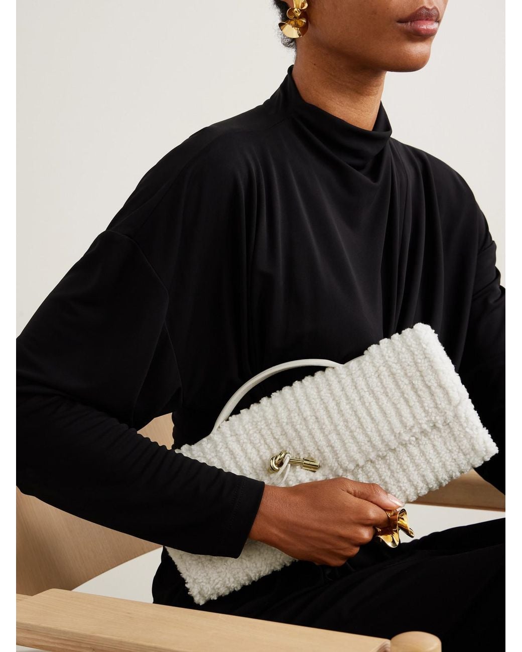 Bottega Veneta Natural Andiamo Long Leather-Trimmed Ribbed Bouclé Clutch