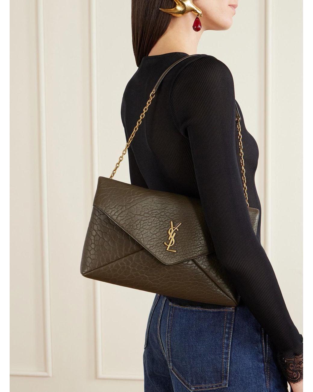 Saint Laurent Natural Cassandre Textured-Leather Shoulder Bag
