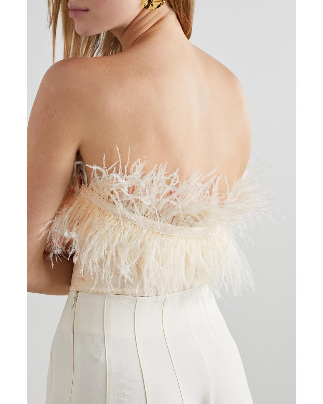 Staud Natural Nellie Strapless Cropped Feather-Trimmed Knitted Top