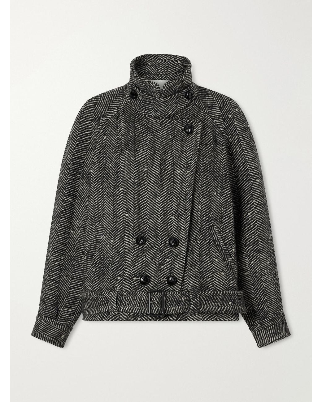 Isabel Marant Gray Elvane Belted Herringbone Wool-Blend Coat