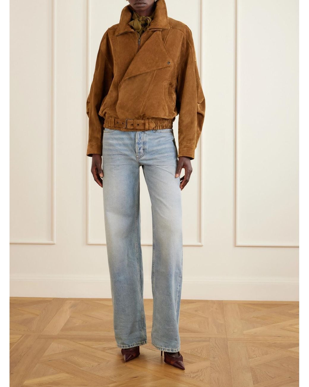 Saint Laurent Brown Paneled Suede Bomber Jacket