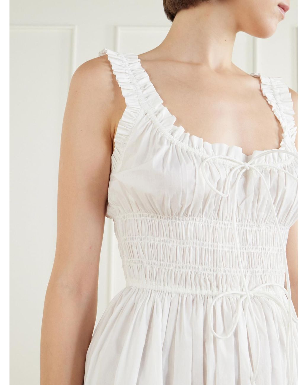Doen White Emmaretta Tie-Detailed Shirred Cotton-Voile Midi Dress