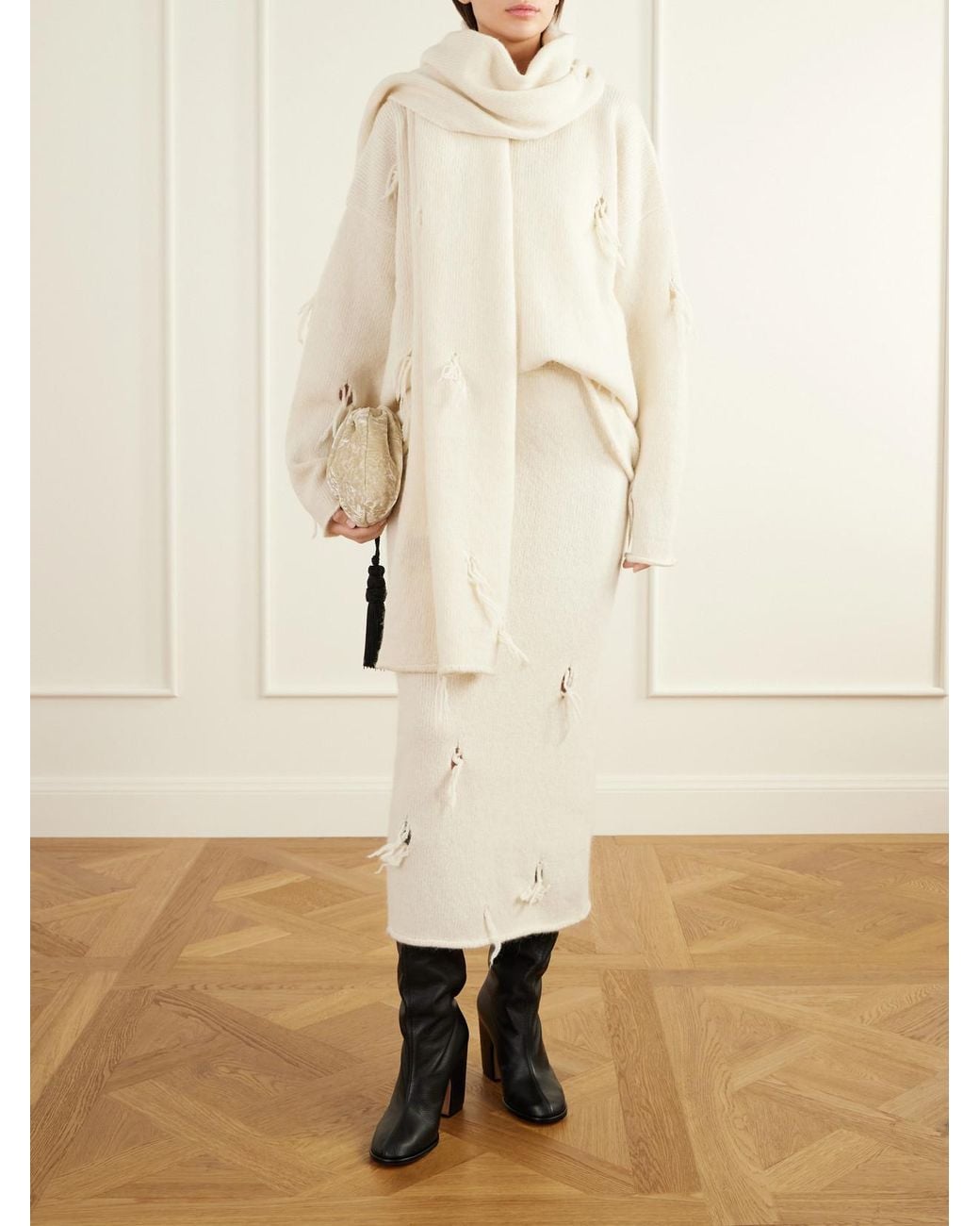 Lauren Manoogian White Ravel Distressed Wool-Blend Midi Skirt