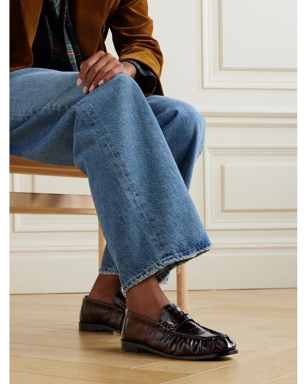 Saint Laurent Brown Le Loafer Cassandre-Embellished Eel Loafers