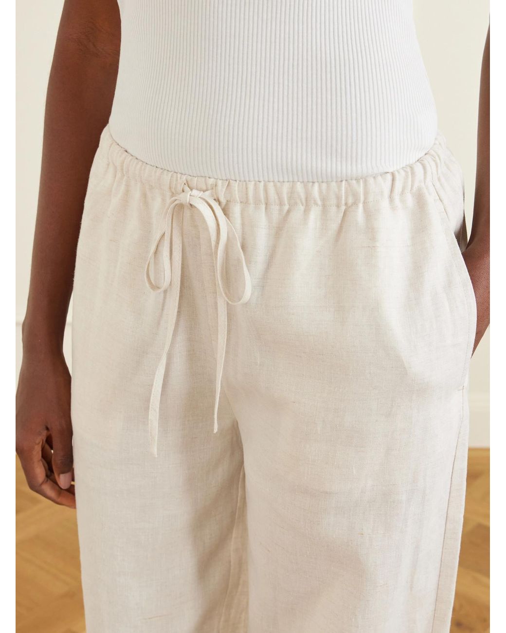 Staud White Mateo Linen Mid-Rise Wide-Leg Pants