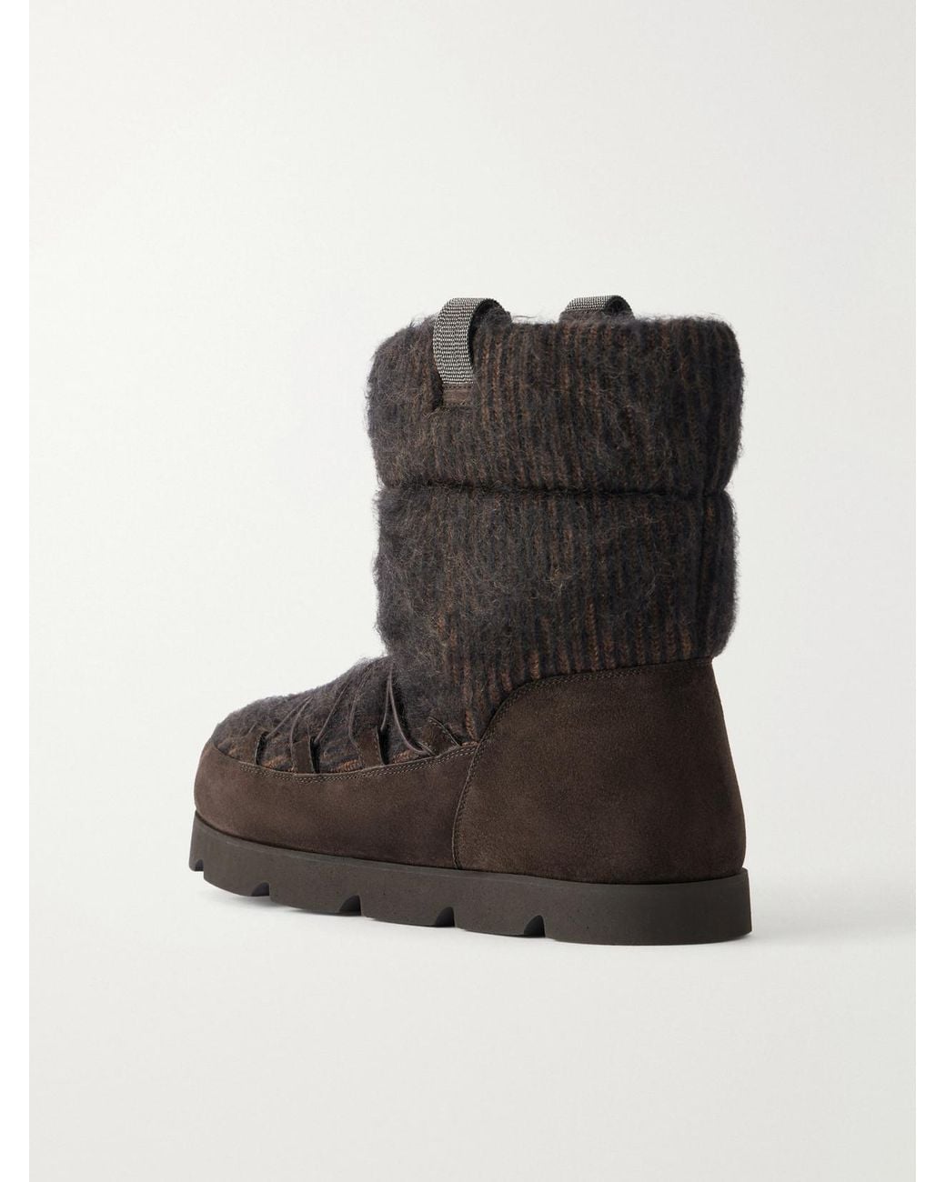Brunello Cucinelli Black Monili-Embellished Suede-Trimmed Brushed Cashmere Ankle Boots