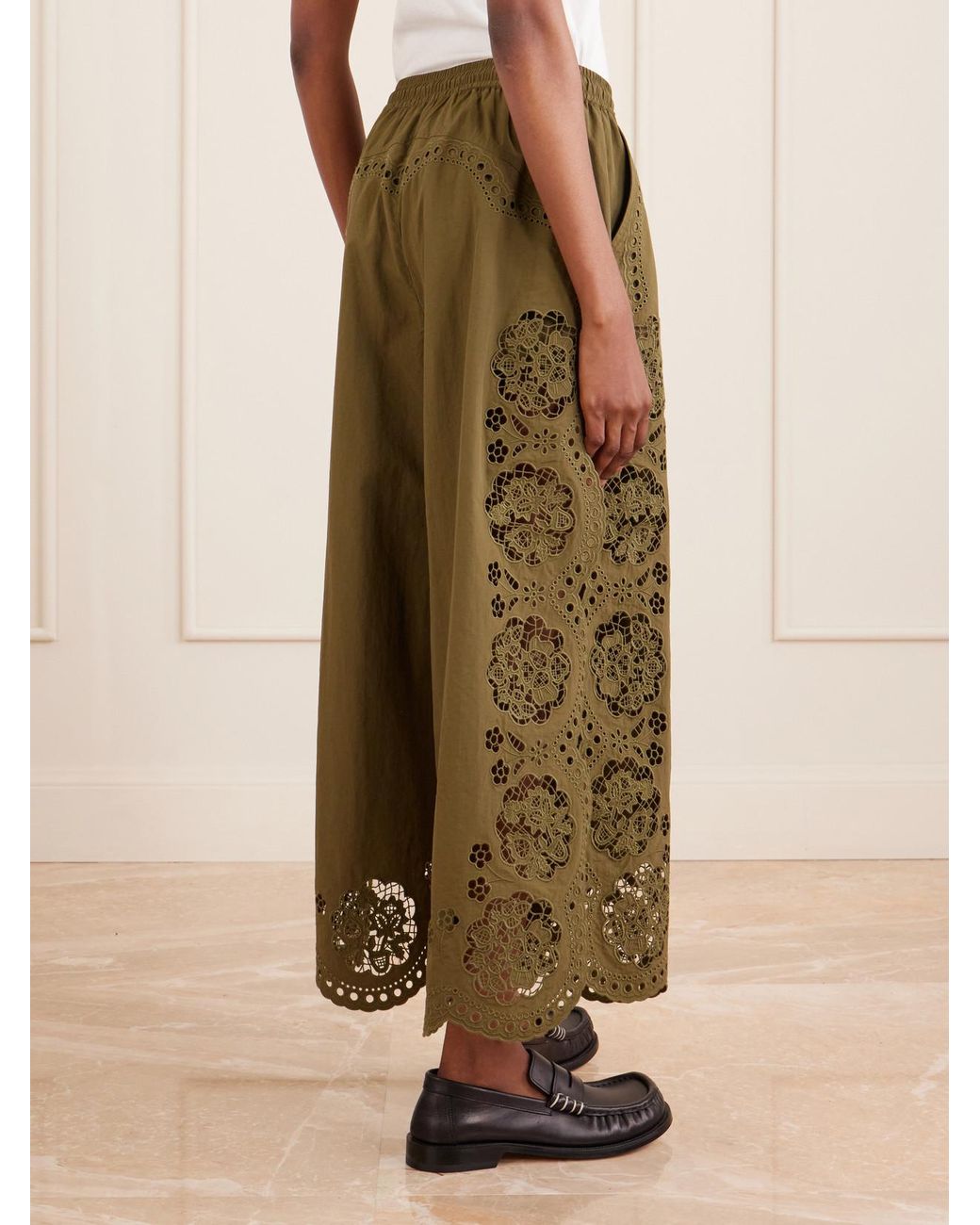 Sea Green Vittoria Broderie Anglaise-Trimmed Shell Wide-Leg Pants