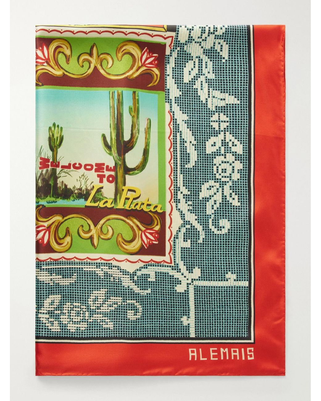 ALÉMAIS Green Ace Printed Silk-Twill Scarf