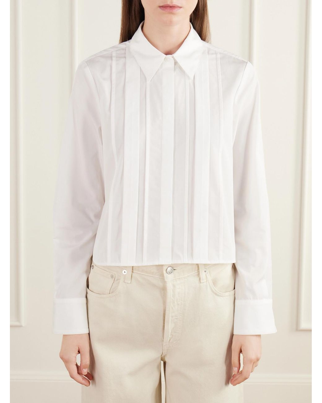 Twp White Mon Cherie Cropped Pintucked Cotton-Poplin Shirt
