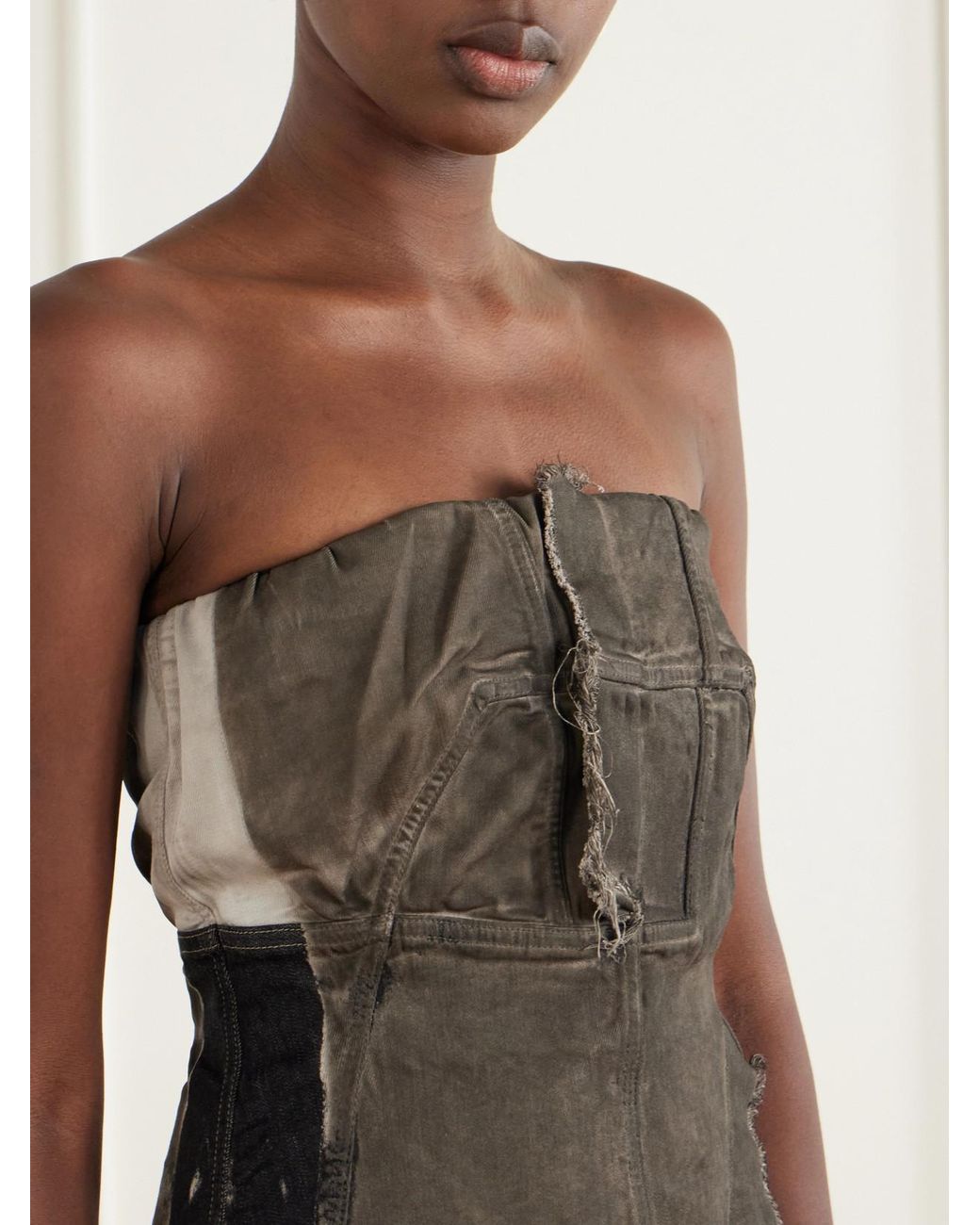 Rick Owens Green Drkshdw Paneled Frayed Stretch-Denim Top