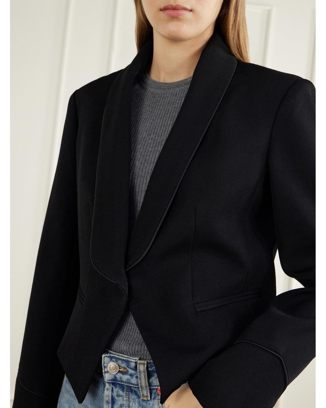 Isabel Marant Blue Pialena Cropped Satin-Trimmed Wool-Twill Blazer