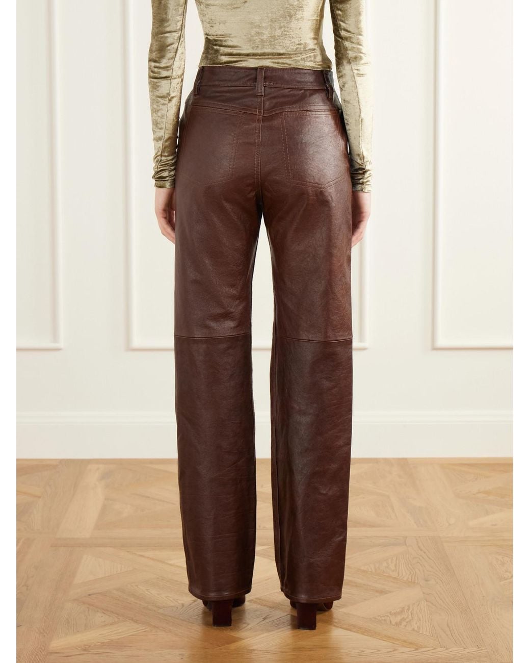 Lemaire Brown Textured-Leather Straight-Leg Pants