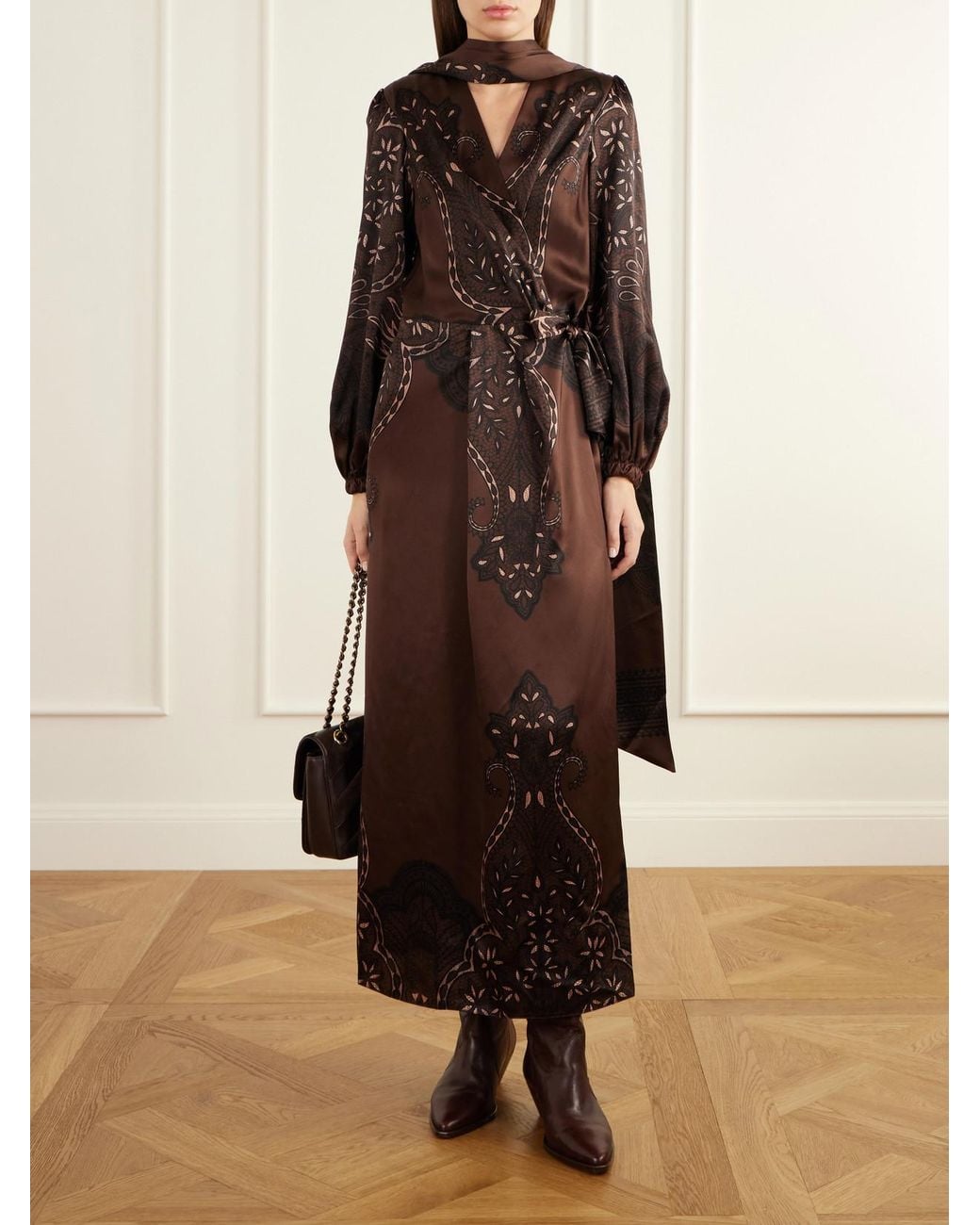Johanna Ortiz Brown Scarf-Detailed Printed Silk-Satin Maxi Dress