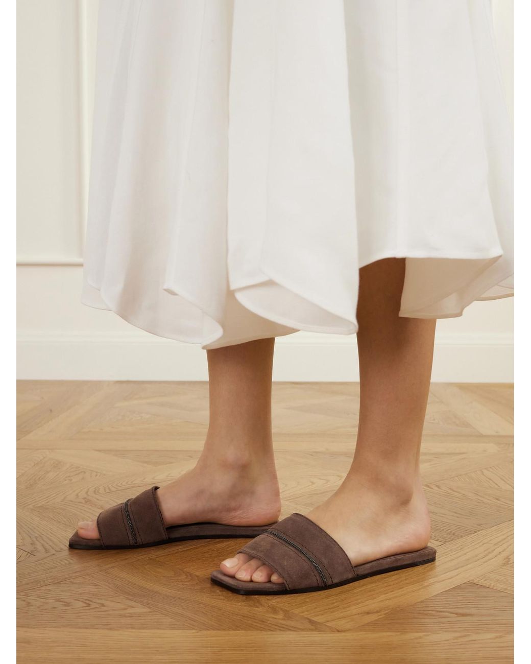 Brunello Cucinelli White Monilli-Embellished Suede Slides