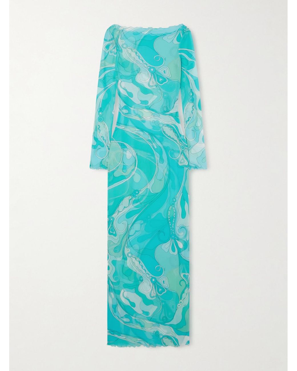 Emilio Pucci Blue Ruffled Printed Tulle Maxi Dress