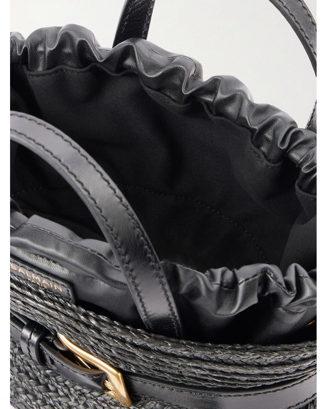 Balmain Black Shuffle Mini Buckled Leather-Trimmed Raffia Shoulder Bag