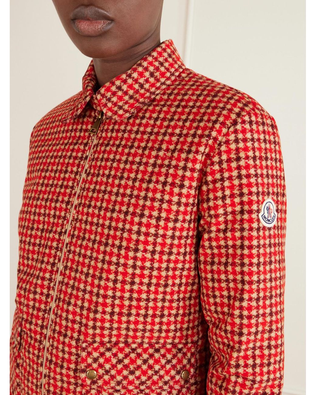 Moncler Red Lanset Logo-Appliquéd Checked Cotton Down Jacket