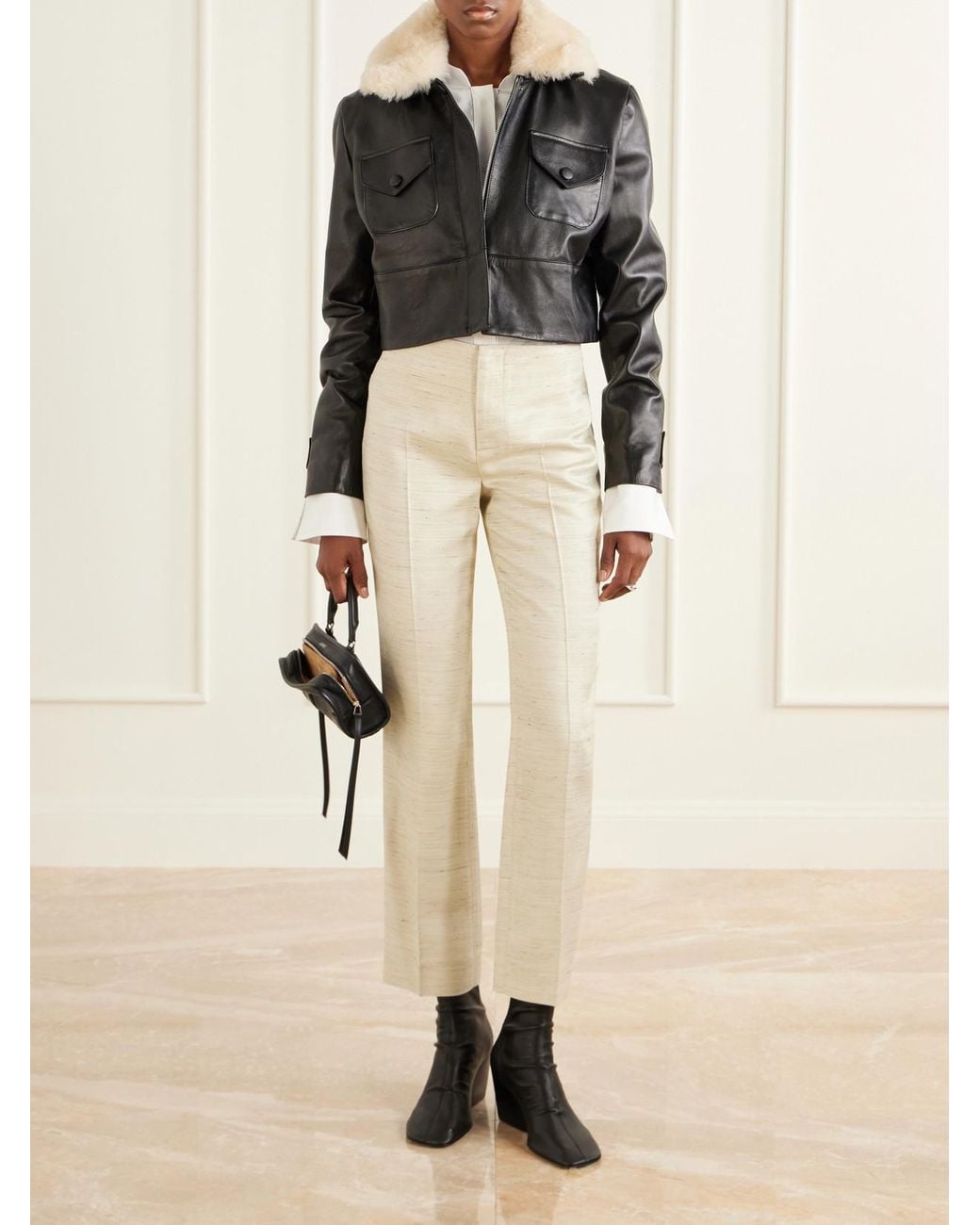 LIBEROWE Black Raja Cropped Shearling-Trimmed Leather Jacket